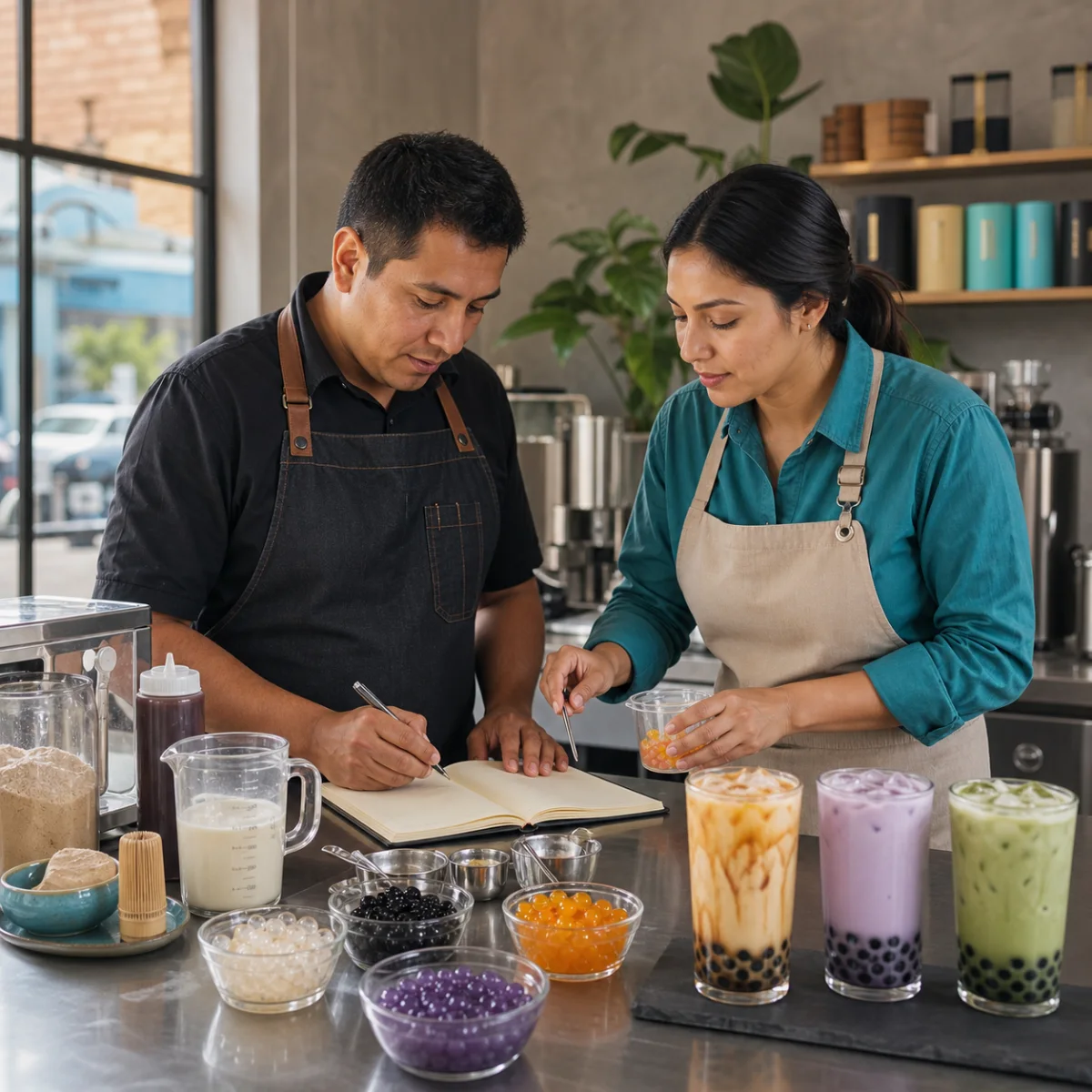 Emprendedores revisando ingredientes y recetas de bubble tea en una barra profesional